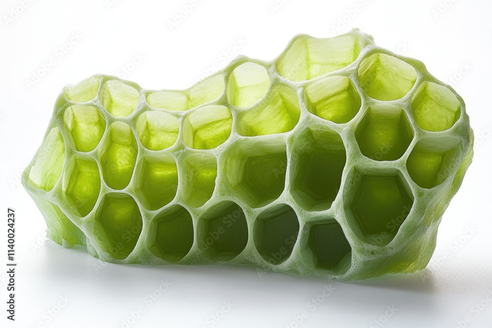 Poster a green, honeycomb-like structure with irregular hexagonal cells, possibly a natural or artificial m