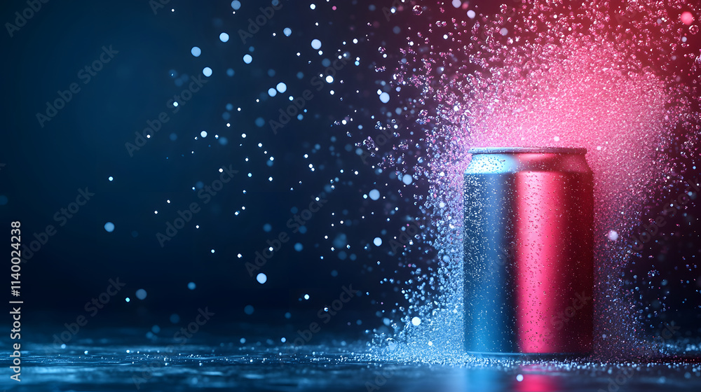 Poster A vibrant image of a can surrounded by colorful splashes of liquid, creating a dynamic and energetic atmosphere