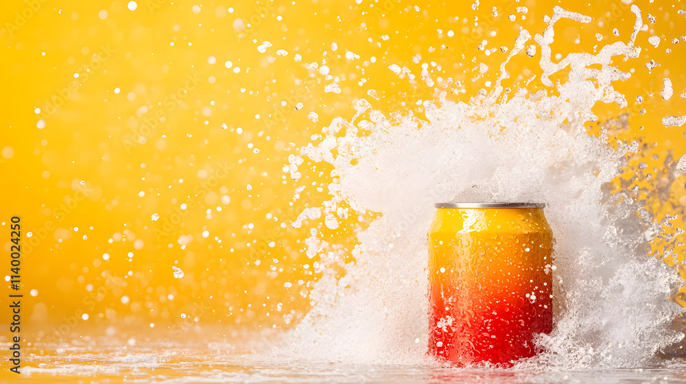 Poster a vibrant can with a splash of water against a bright yellow background, capturing a refreshing and 
