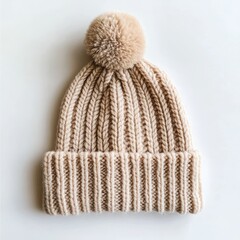 A cozy knitted beanie with a ribbed texture and a pom-pom on top on a white background 