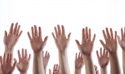 A group of hands raised high against a bright white background image view