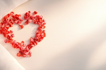 Obraz premium Romantic valentine's bed setup with heart-shaped rose petals