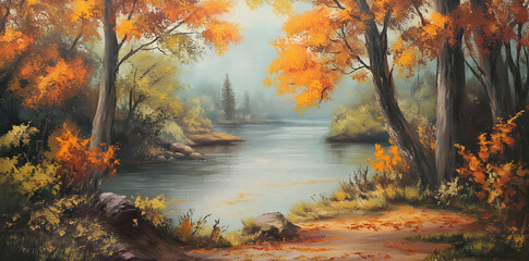 Serene autumn landscape with colorful trees reflecting on a calm river.