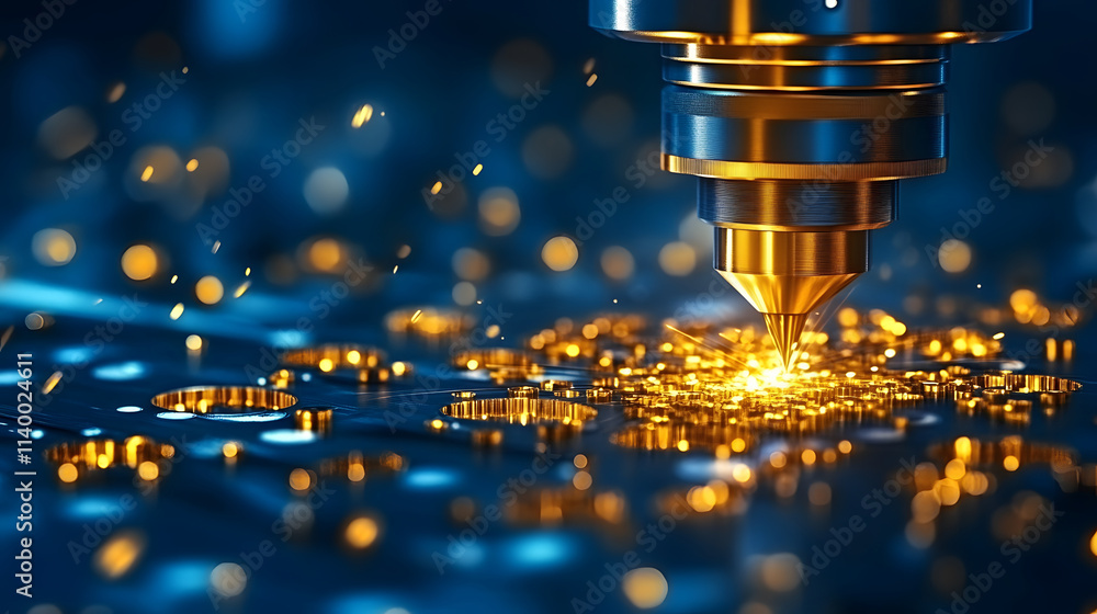 Poster A close-up of a laser cutting tool creating sparks on a metallic surface, showcasing precision and technology in manufacturing