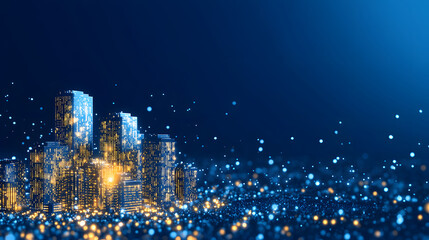 Obraz premium A vibrant city skyline illuminated with glowing lights against a dark blue background, representing modernity and technology