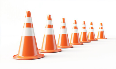 A row of orange and white striped traffic cones on a white background studio