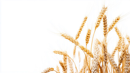 Fototapeta premium Golden wheat stalks against a bright white background in a corner view