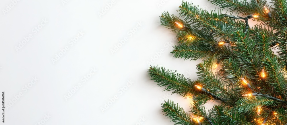 Poster fir branch decorated with sparkling christmas lights on a clean white background creating a festive 