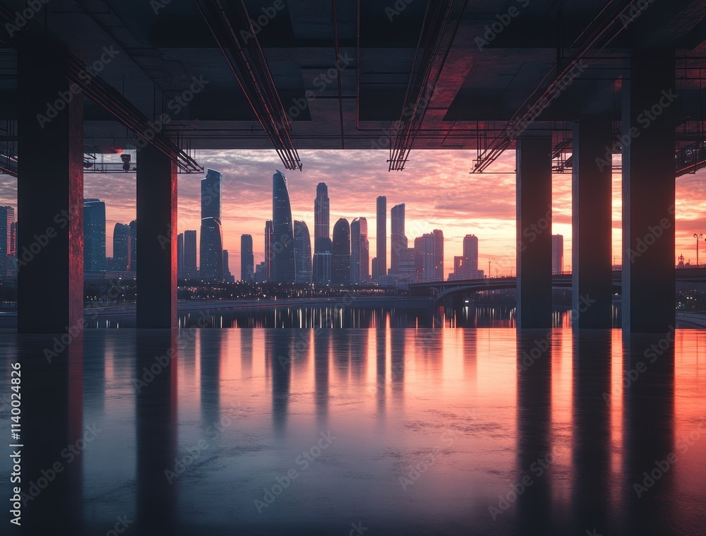 Poster urban skyline at sunset viewed from an unfinished building with reflective floor.