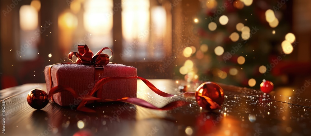 Aufkleber festive present adorned with a red ribbon on a wooden table with sparkling bokeh and a christmas tre