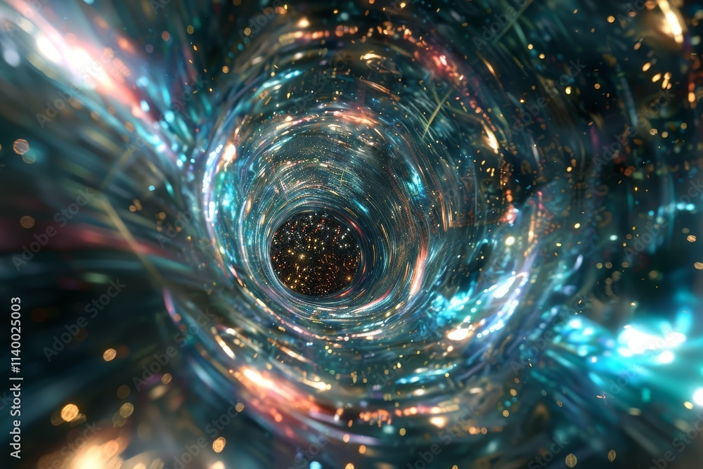 Poster An abstract representation of a spiral galaxy, showcasing vibrant colors and intricate patterns against a dark space backdrop. Spacetime rift in the middle of a cosmic void .
