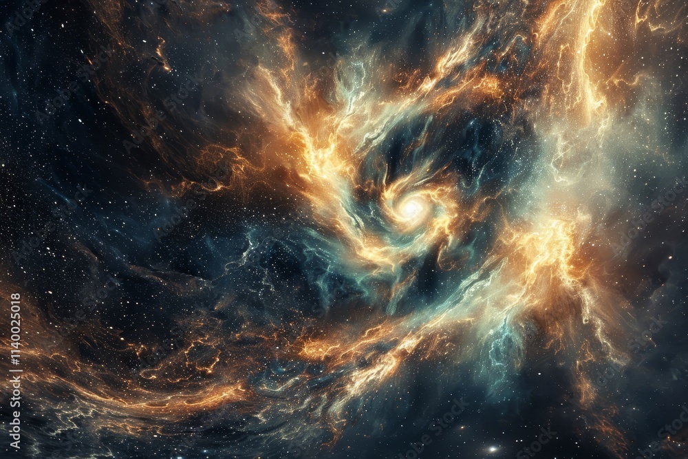 Poster an abstract representation of a spiral galaxy, showcasing vibrant colors and intricate patterns agai