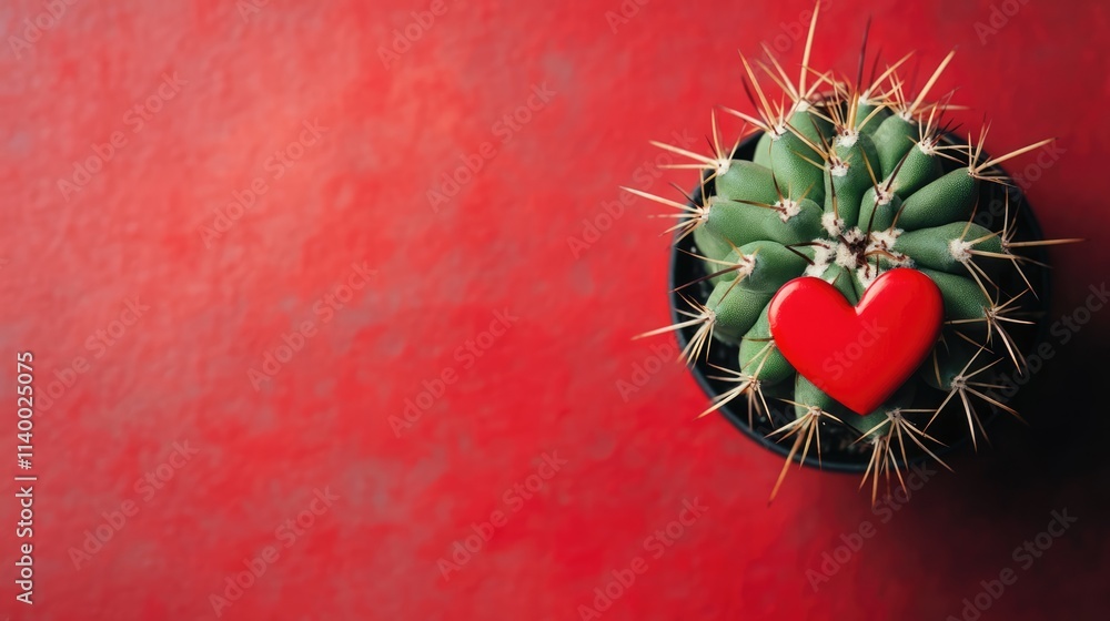 Poster cactus with heart button on red background featuring space for your personalized text and messages o