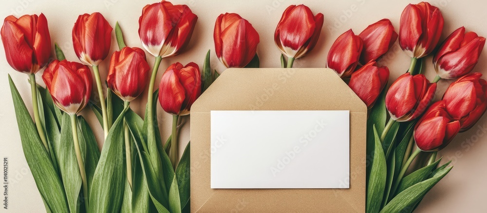 Poster vibrant red tulips arranged with a brown craft envelope and empty white card on a neutral background