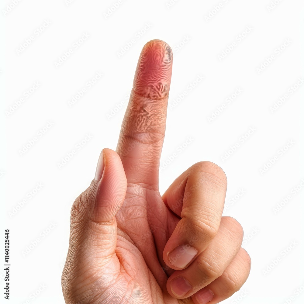 Poster close up of a hand pointing upwards with index finger extended against a white background