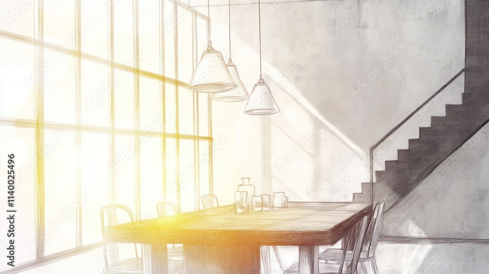 Poster a minimalist dining space with natural light and a staircase.