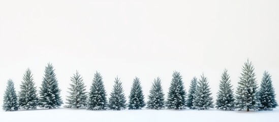 Obraz premium Winter landscape featuring snowy evergreen trees against a white backdrop ideal for festive holiday themes and seasonal greetings