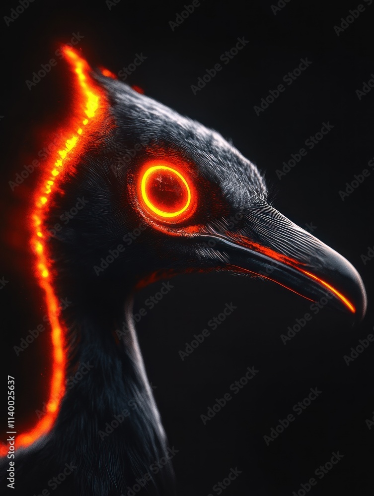 Poster a stylized bird with glowing features against a dark background.