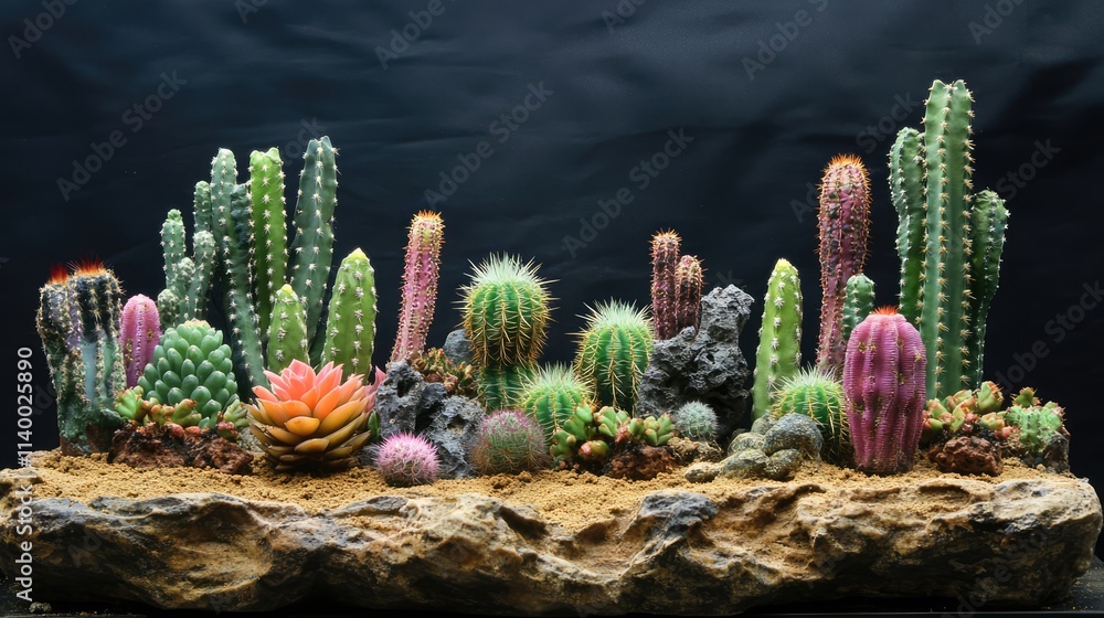 Poster diverse cactus display in artistic rock arrangement with varied colors and textures in natural setti