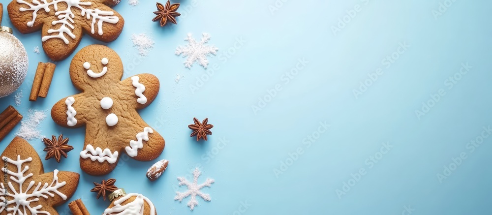 Aufkleber festive gingerbread cookies and spices arranged on a blue backdrop with decorative elements and empt