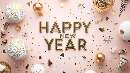 Happy New Year 2025 Luxurious New Year Celebration with Gold Letters, Patterned Balloons, and Festive Decorations on a Pink Background