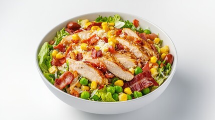 Caesar salad with grilled chicken and bacon garnished with peas corn and olives in a white bowl on a light background