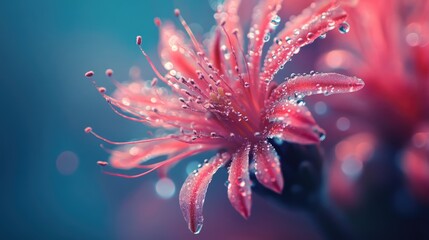 Fototapeta premium Close-up view of vibrant cactus flower with water droplets showcasing intricate details and soft bokeh background for botanical beauty.