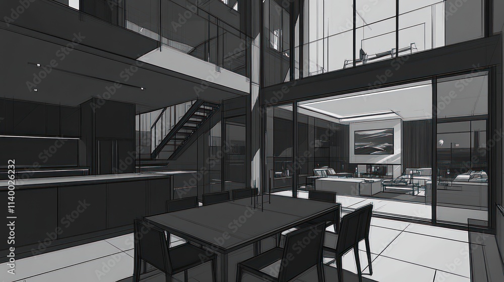Poster modern architectural interior featuring open space and minimalist design.