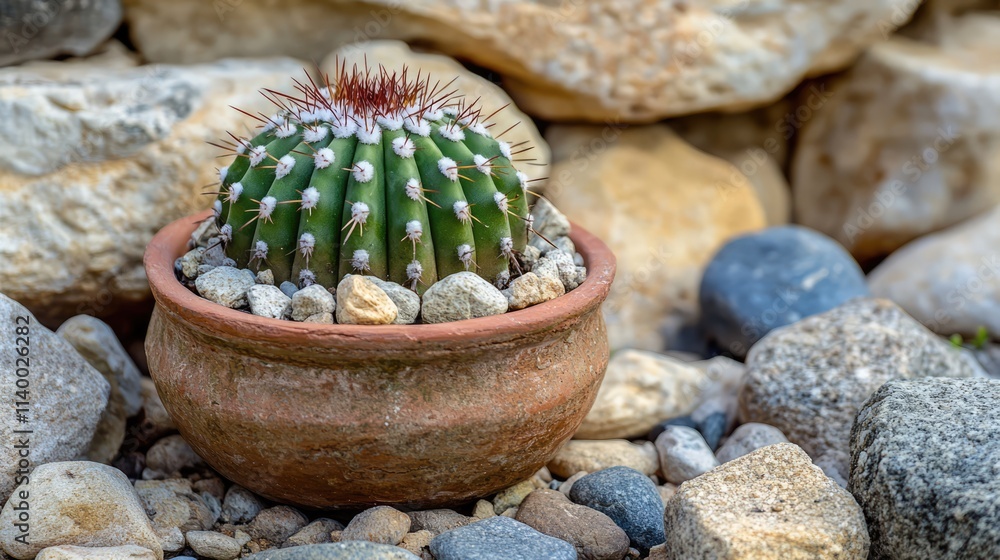 Poster cactus in a rustic clay pot surrounded by pebbles with ample space for text and decorative elements 