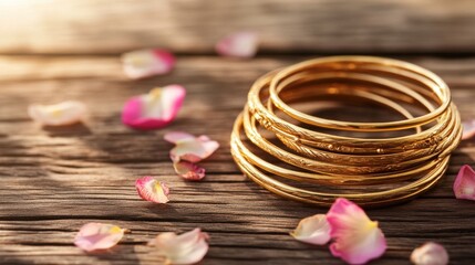 Naklejka premium Elegant Gold Bangles with Flower Petals on Rustic Wooden Surface