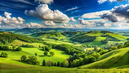 Obraz premium Green Hills Meadows Under Blue Sky White Clouds Panorama. AI generative 