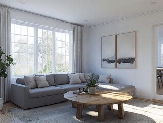 Fototapeta premium Modern Living Room with Sectional Sofa and Wooden Coffee Table