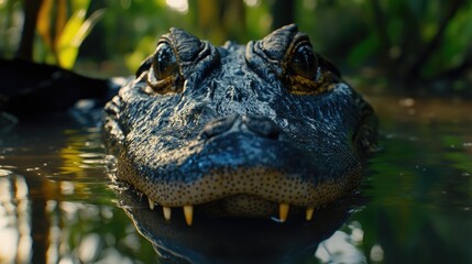 Obraz premium Close-up of Caiman with intense gaze in muddy waters of Pantanal showcasing wildlife and natural habitat vibrance