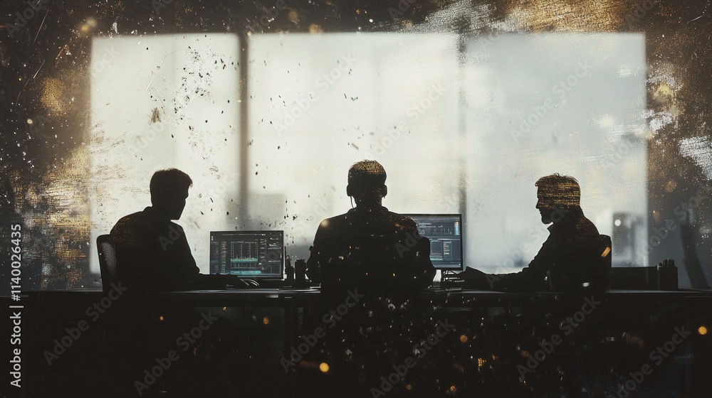 Poster Three individuals engaged in work at a desk with computer screens in a modern office setting.