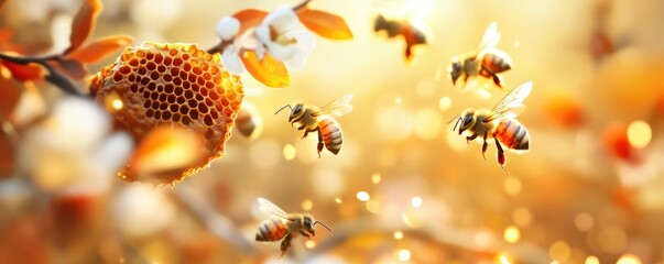 Bees Pollinating Blossoms with Honeycomb in Beautiful Golden Sunrise Atmosphere, watercolor