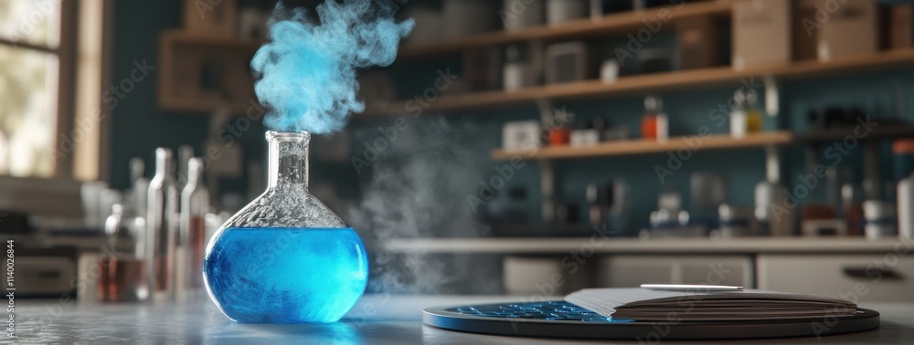 Aufkleber a laboratory scene featuring a bubbling blue solution in a flask, suggesting experimentation.
