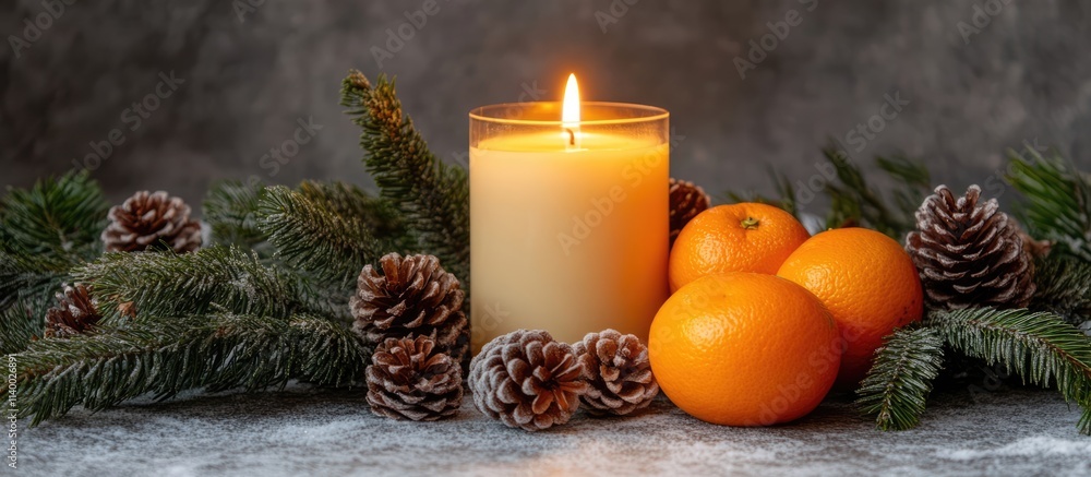 Poster candle coniferous branches pine cones and tangerines on gray backdrop creating a cozy festive atmosp