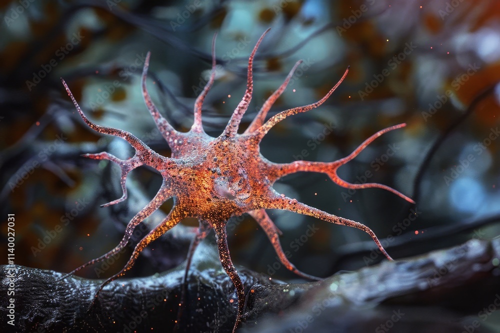 Poster a neuron depicted with vibrant orange and black flames, symbolizing energy and dynamic activity in t