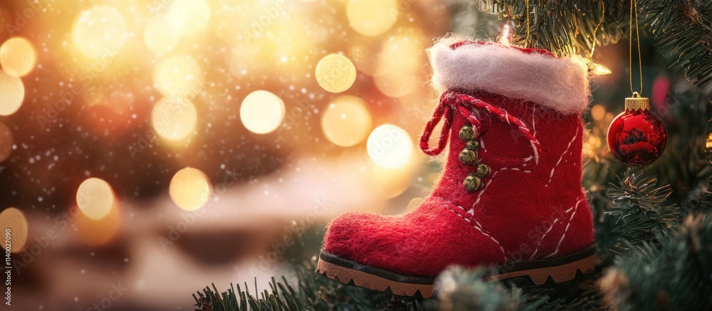 Poster red felt christmas boot ornament for festive tree decoration with bokeh background of lights and sof