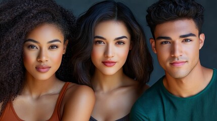 Three young adults, close-up portrait, diverse.