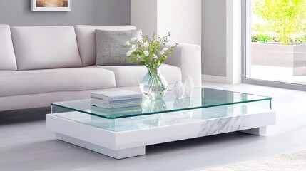 Sleek modern coffee table featuring an elegant marble or glass top, designed to enhance contemporary living spaces with its minimalist aesthetic and sophisticated appeal