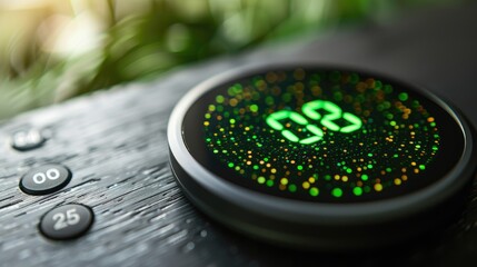A close-up of a circular device displaying a green digital interface on a wooden surface.