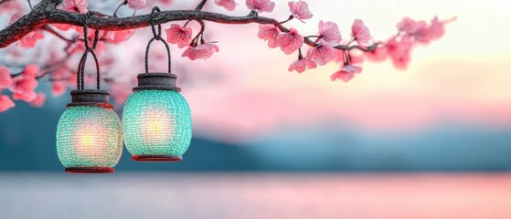 Fototapeta premium Tranquil Evening Cherry Blossoms Lanterns Peaceful Sunset