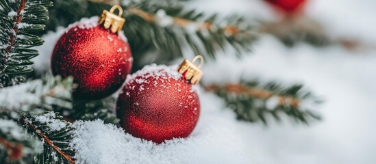 Festive Christmas tree branches with red ornaments and a fresh layer of snow creating a cozy winter holiday atmosphere