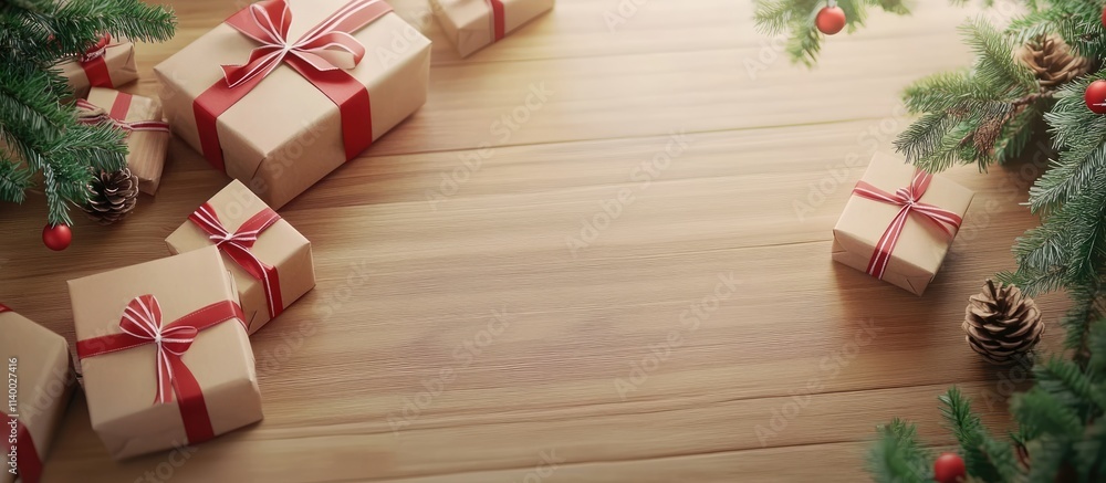 Poster christmas presents and pine branches on wooden surface for holiday greeting card design with empty s