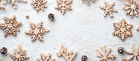 Fototapeta premium Handcrafted wooden snowflakes arranged on a light background ideal for Christmas sale promotions with customizable text space.