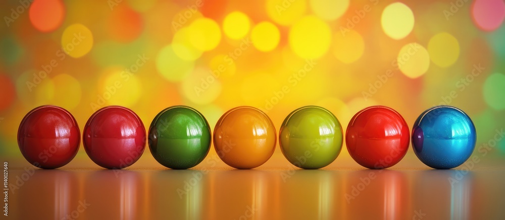 Aufkleber colorful glossy balls in a row reflecting light against a vibrant bokeh background creating a festiv