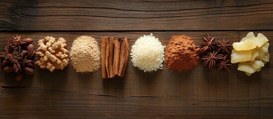 Festive arrangement of traditional gingerbread and spices on a rustic wooden surface showcasing holiday baking essentials from a top view