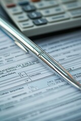 Silver pen rests on form, calculator blurred.