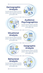 Audience analysis infographic vertical sequence. Customer data studying. Digital marketing. Visualization infochart with 5 steps. Circles workflow. Montserrat SemiBold, Lato Regular fonts used